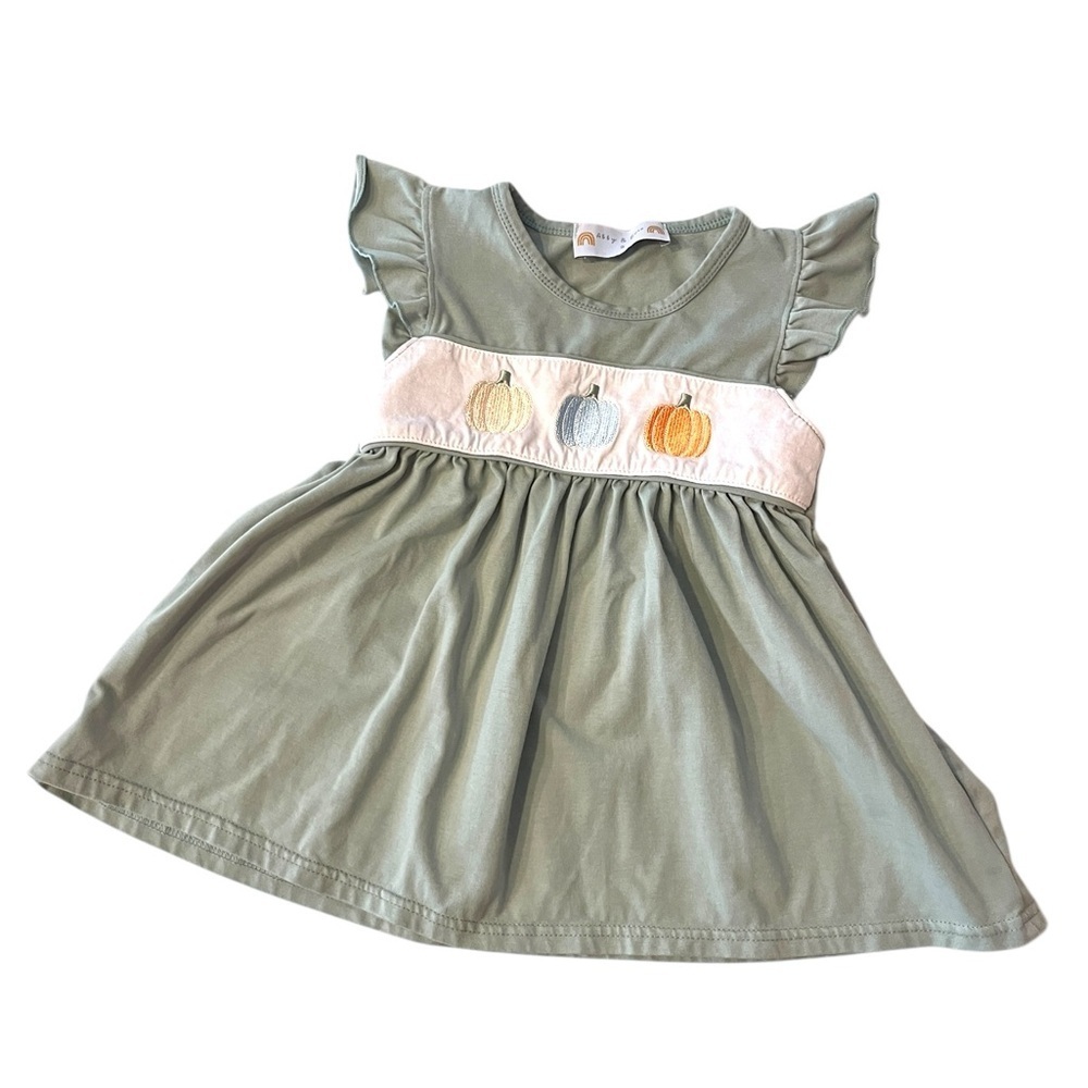 Abby & Evie Green Dress/Top with Embroidered Smocked Pumpkins Accents